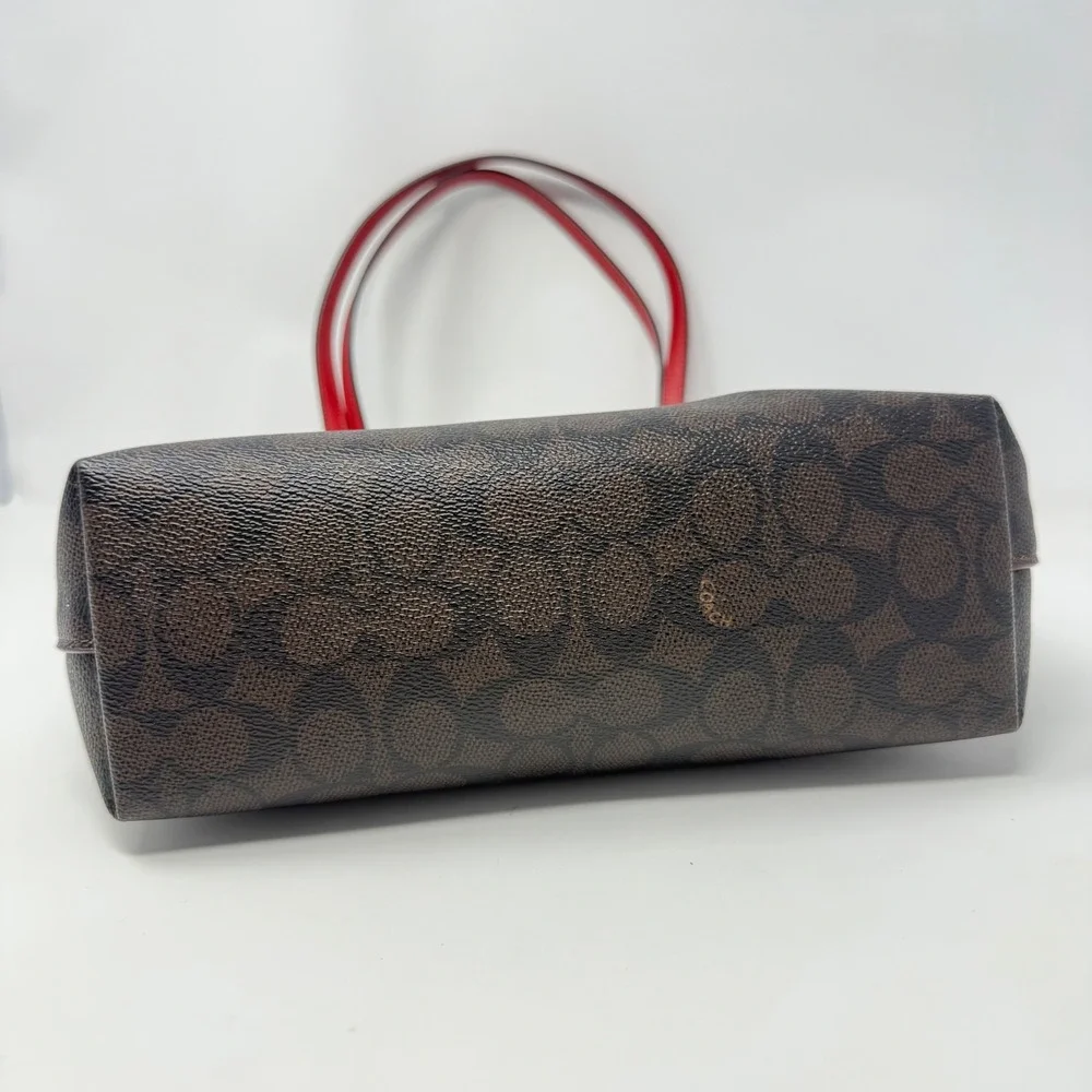 Coach Zip Top Tote Signature Canvas Brown Red CX611 Shoulder Bag